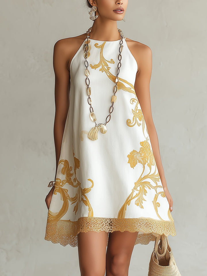 Héloïse | Mini Vestido de Encaje Blanco con Patrón Dorado