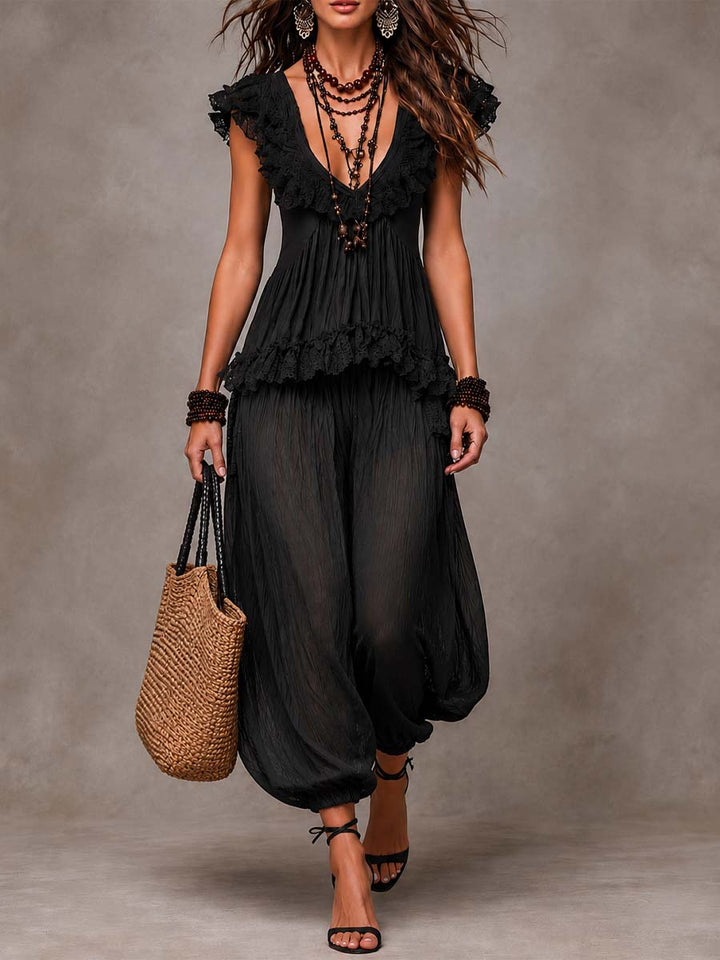 Conjunto V-cuello bohemio negro