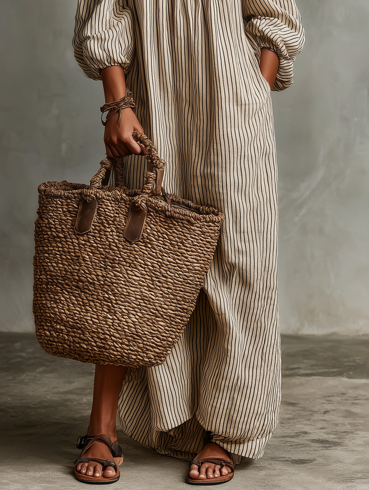 Ropa Maxi de Manga Larga en Mezcla de Algodón y Lino para Mujeres, Estilo Vacaciones, Hombros Descubiertos MDZ0481B5Y