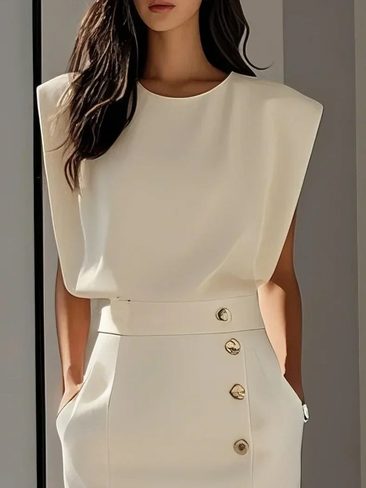 Malene™ | Vestido midi liso con abertura de botones y escote redondeado