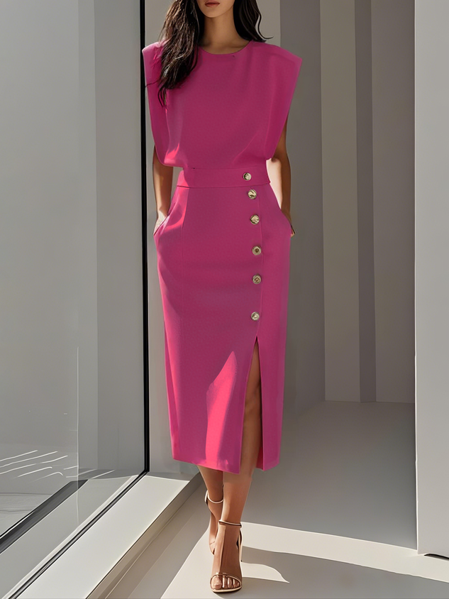 Malene™ | Vestido midi liso con abertura de botones y escote redondeado