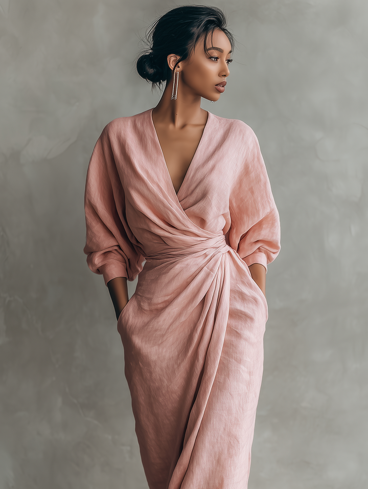 Robe Maxi en Lin Mélangé Minimaliste à Col V pour Femmes Rose MDA1655L0Y
