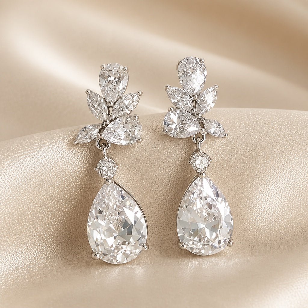 Pendientes en forma de gota con flores de oro blanco