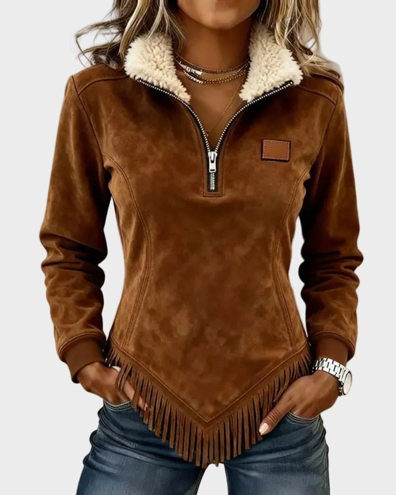 Petra – Sudadera elegante para mujer con piel y flecos