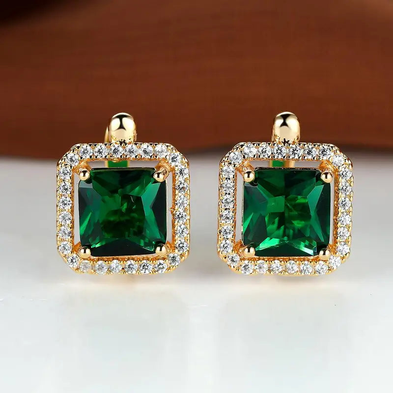 Pendientes de Oro con Zirconia Verde Cuadrada