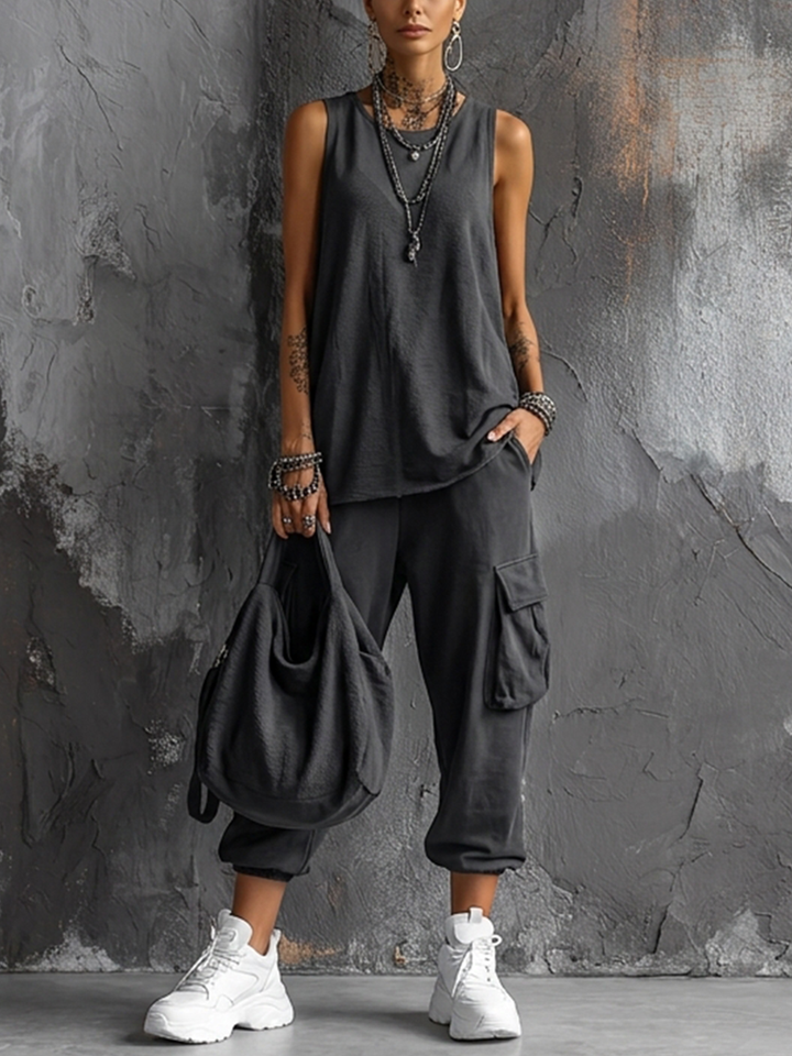 Conjunto de Top Sin Mangas en Mezcla de Algodón Gris Oscuro + Pantalón Cargo Jogger para Mujeres MDZ2365D7GMJ