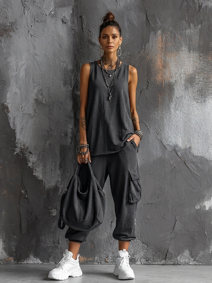 Conjunto de Top Sin Mangas en Mezcla de Algodón Gris Oscuro + Pantalón Cargo Jogger para Mujeres MDZ2365D7GMJ