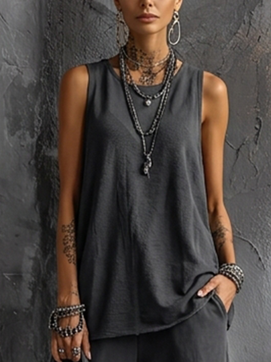 Conjunto de Top Sin Mangas en Mezcla de Algodón Gris Oscuro + Pantalón Cargo Jogger para Mujeres MDZ2365D7GMJ