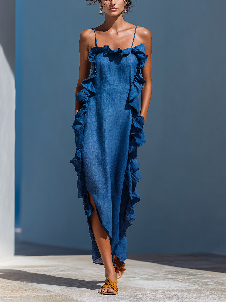 Ropa Maxi de Tirantes Espagueti en Mezcla de Lino Azul con Volantes para Mujeres MDZ2407D1T