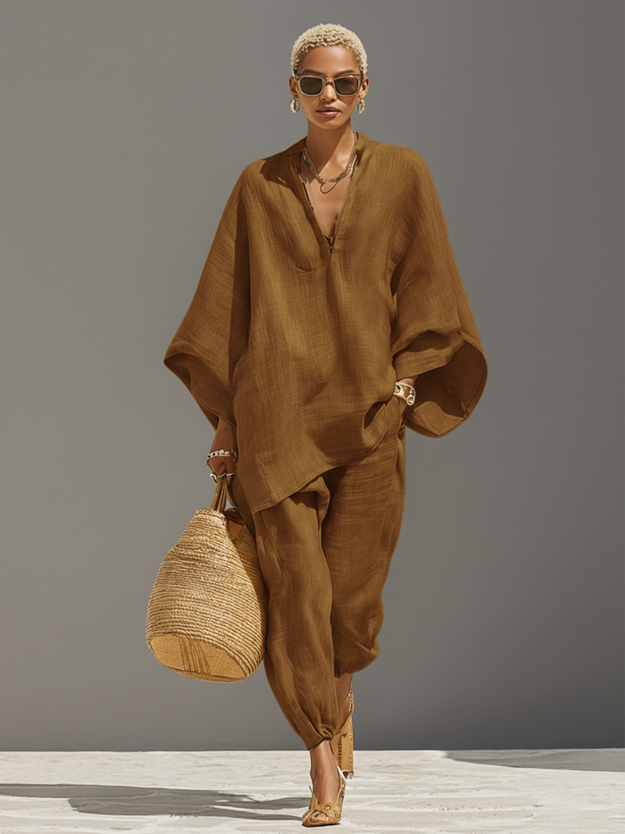 Conjunto Neutro de Lino para Mujeres con Dobladillo Asimétrico y Diseño Minimalista, Conjunto de Estilo Casual Refinado MDZ0501B3I