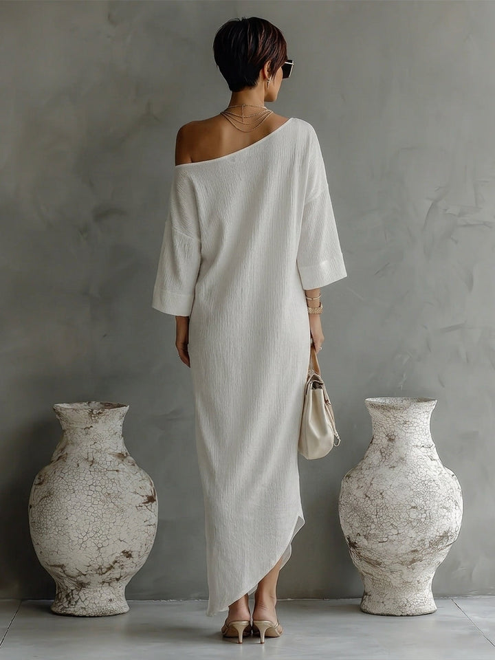 Ropa Elegante Fluida con Hombro Descubierto en Mezcla de Algodón-Lino Marfil Blanco MDA3032K4T