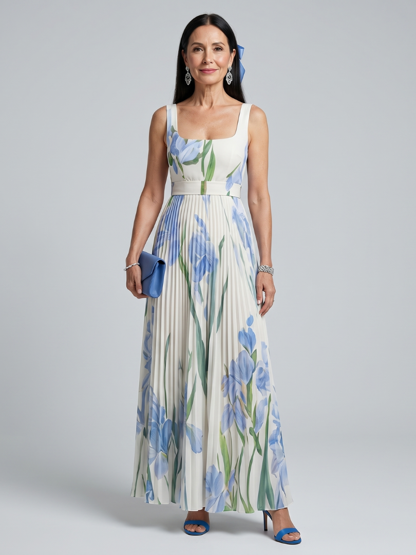 Ophelia | Vestido midi sin mangas con escote cuadrado e impresión floral