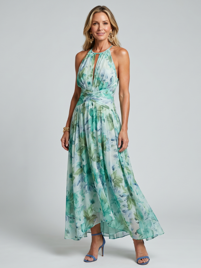 Portia | Vestido Midi de Flores Suaves con Escote Halter Plisado