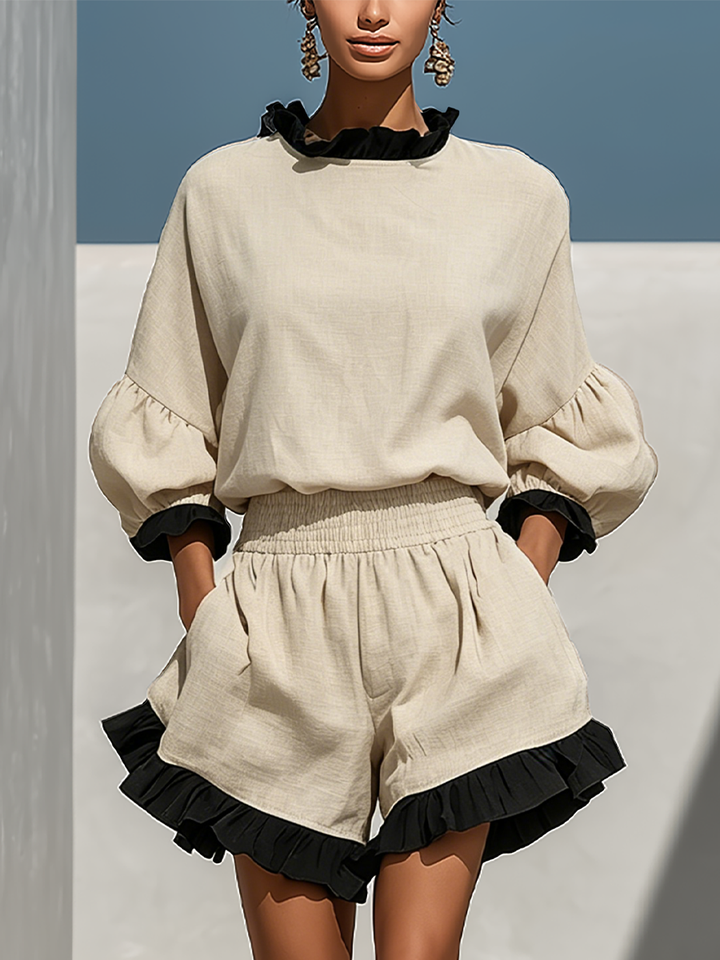 Blusa de Manga Larga de Mezcla de Lino Beige para Mujeres con Detalles de Volante Contrastantes & Short de Cintura Alta con Volantes Conjunto de Dos Piezas MDZ1018D0T