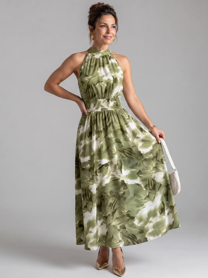 Olivia | Vestido midi con cintura fruncida y estampado abstracto