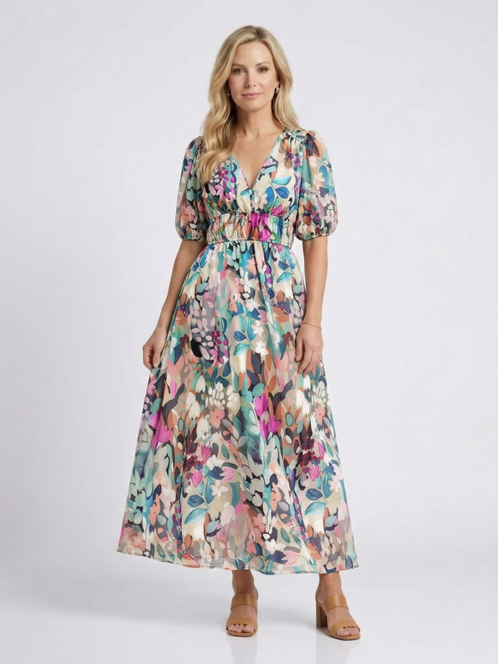 Eulalie | Vestido midi con escote en V y mangas cortas fruncidas en la cintura