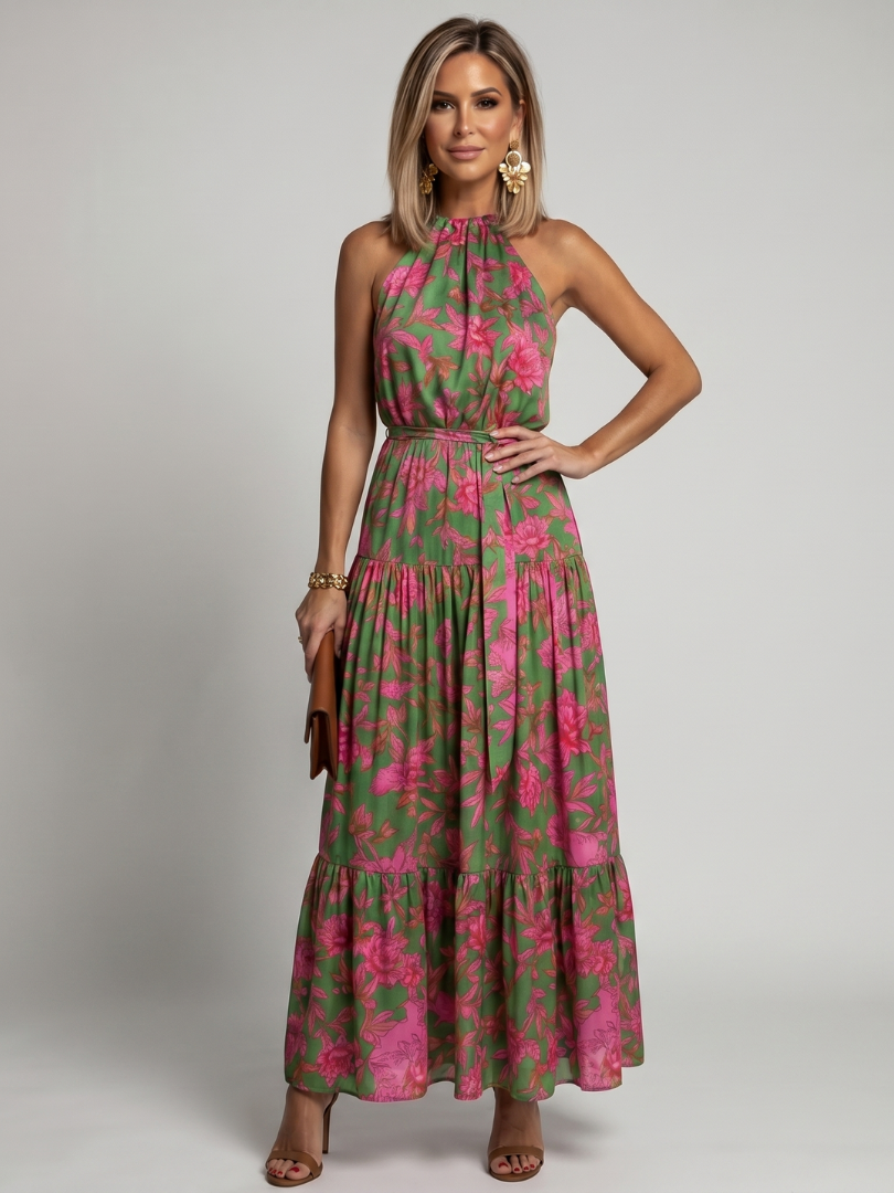 Rowen | Vestido Midi Drapé con Cuello Halter