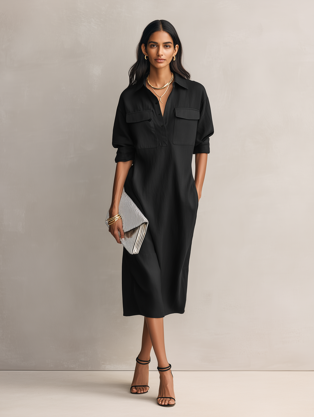 Ropa Midi Elegante Mujer en Mezcla de Algodón-Lino Negro con Cuello de Camisa y Mangas Cortas MDZ0455C2AN