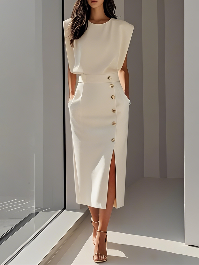 Malene™ | Vestido midi liso con abertura de botones y escote redondeado
