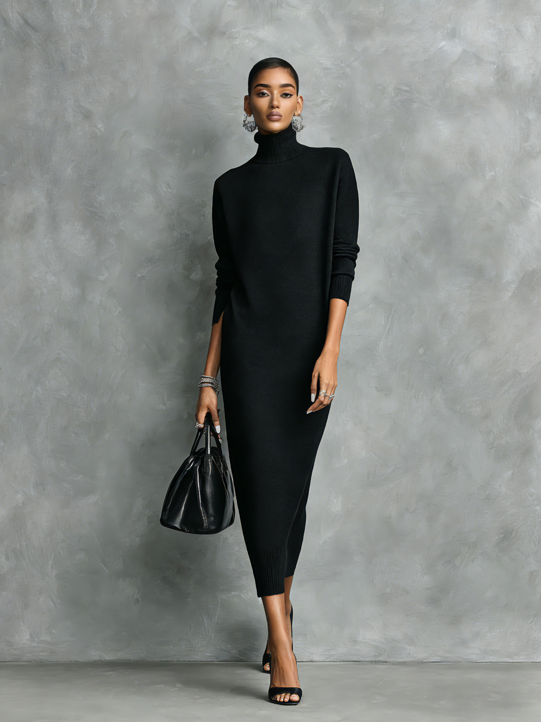 Ropa Midi Amplia de Tejido Negro Elegante para Mujeres con Cuello y Mangas Largas Sin Bolsillos MDA1974L7AN
