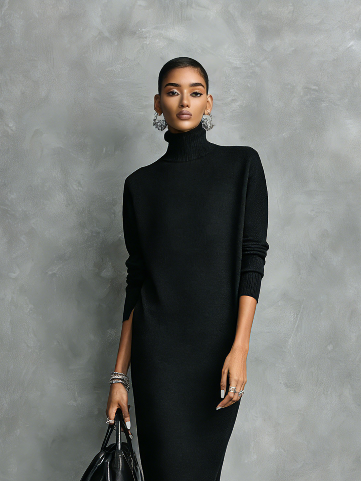 Ropa Midi Amplia de Tejido Negro Elegante para Mujeres con Cuello y Mangas Largas Sin Bolsillos MDA1974L7AN