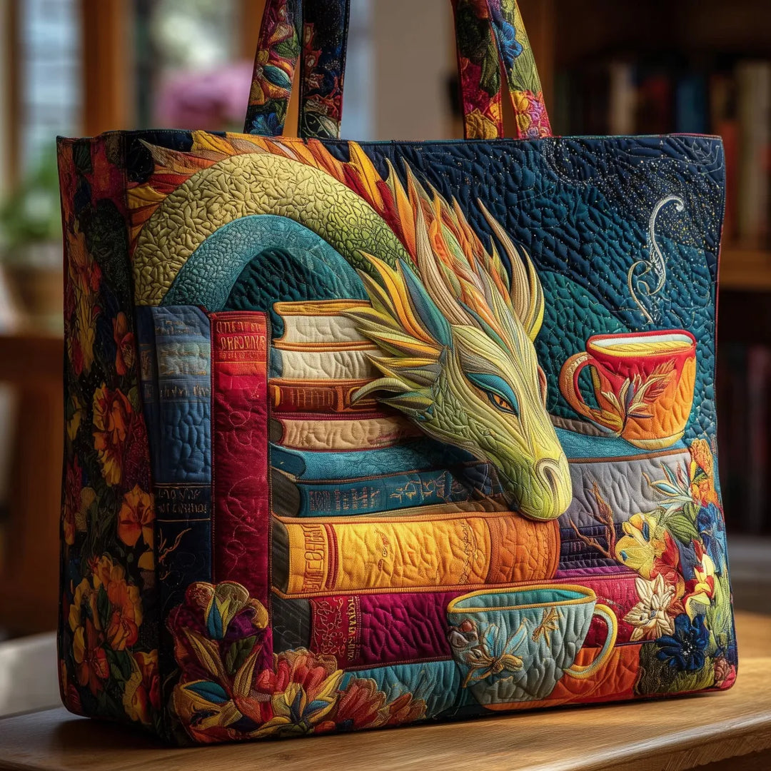 Bolsa artesanal - Dragón que Lee Libros y Tazas