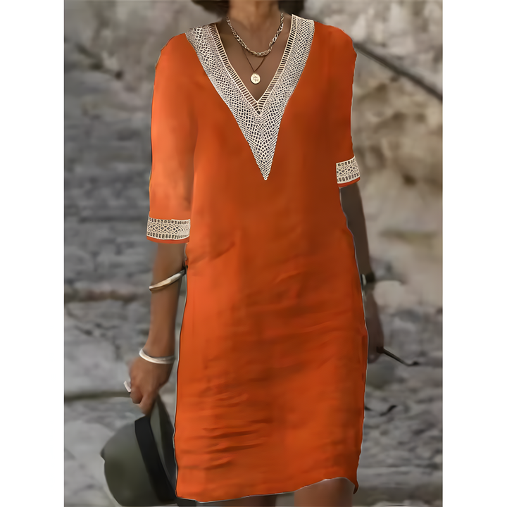 Isabeau™ | Vestido Midi con Escote en V y Detalles de Encaje Contrastante