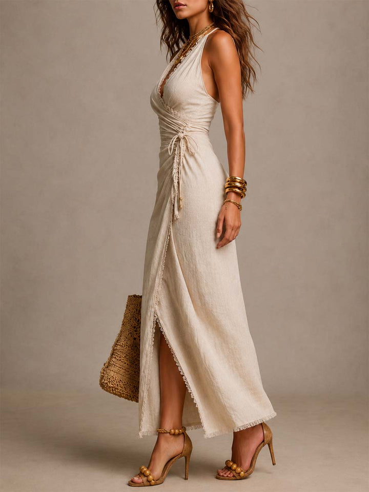 Tess™ | Vestido midi con escote cruzado en el frente, volantes y borde de encaje
