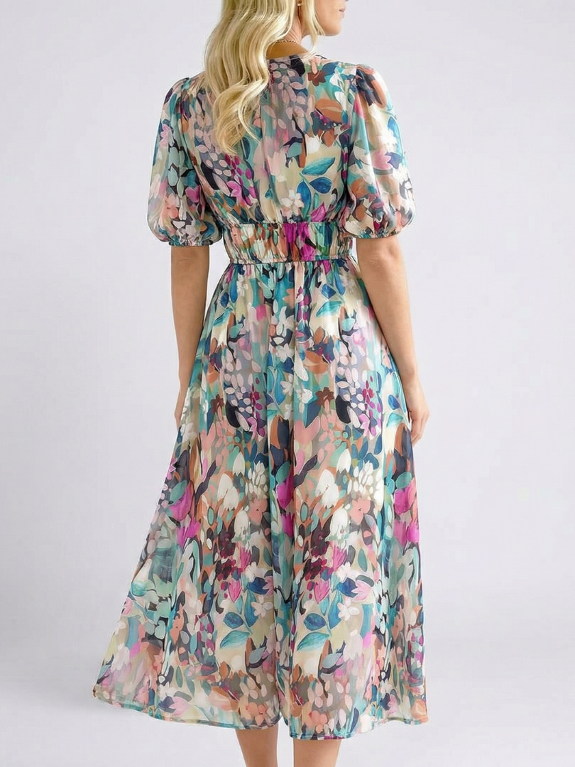 Eulalie | Vestido midi con escote en V y mangas cortas fruncidas en la cintura