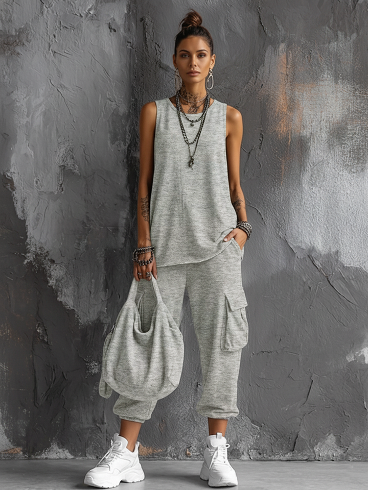 Conjunto de Top Sin Mangas en Mezcla de Algodón Gris Oscuro + Pantalón Cargo Jogger para Mujeres MDZ2365D7GMJ