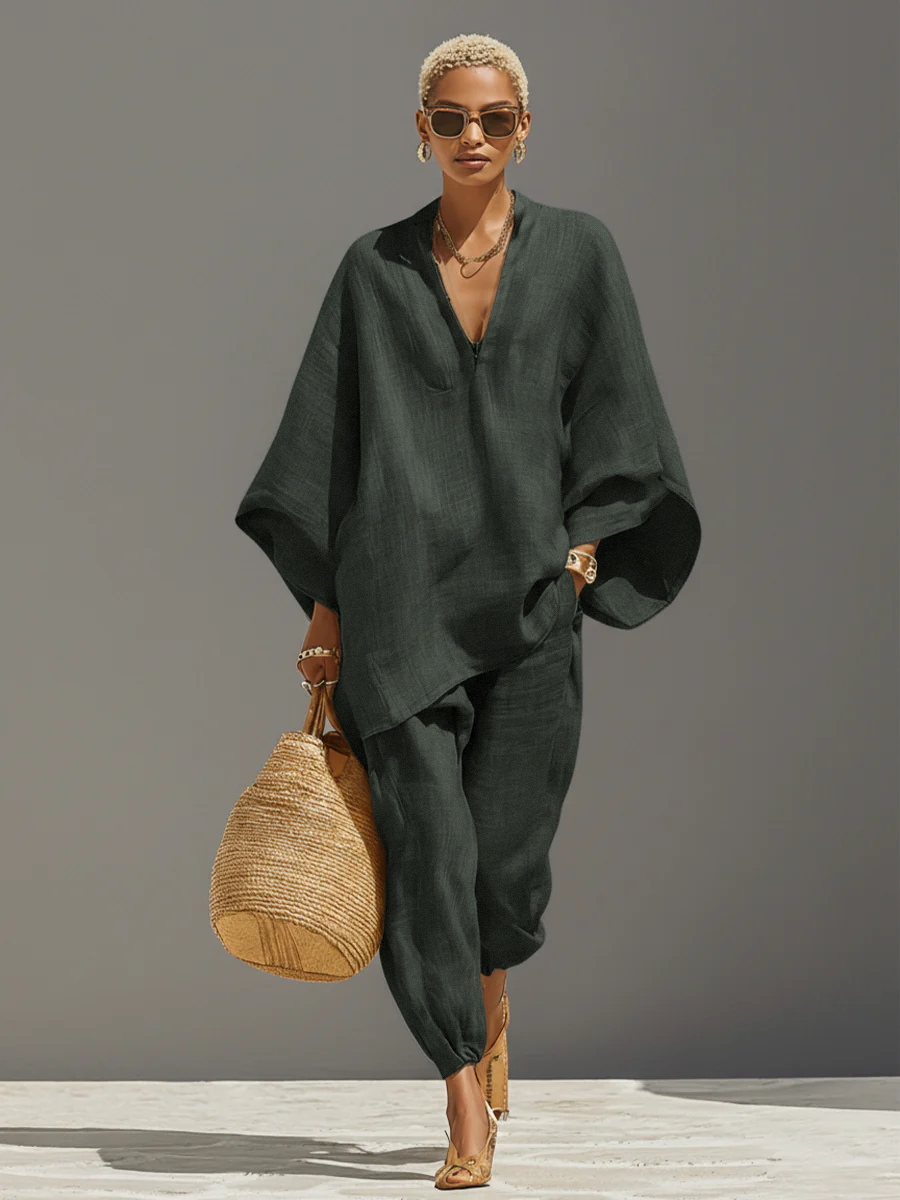 Conjunto Neutro de Lino para Mujeres con Dobladillo Asimétrico y Diseño Minimalista, Conjunto de Estilo Casual Refinado MDZ0501B3I