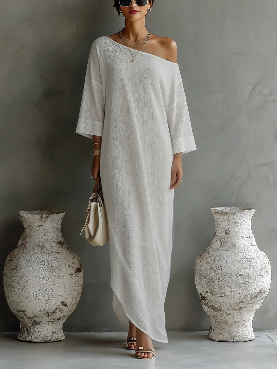 Ropa Elegante Fluida con Hombro Descubierto en Mezcla de Algodón-Lino Marfil Blanco MDA3032K4T