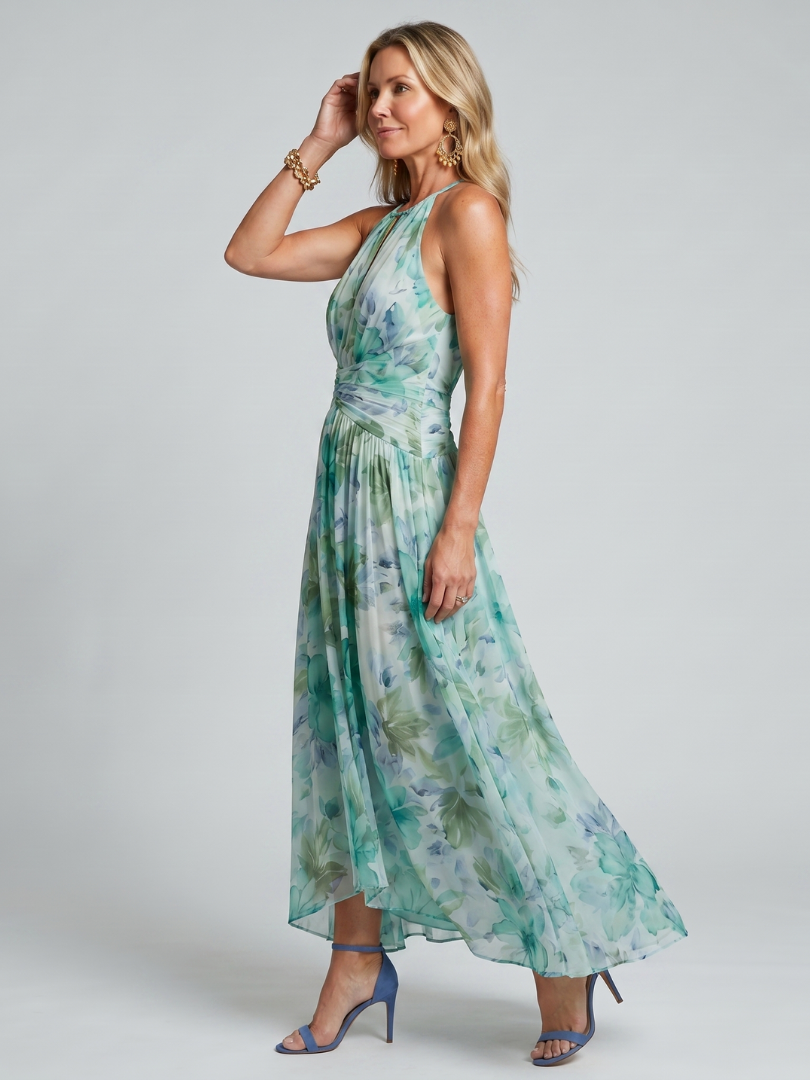 Portia | Vestido Midi de Flores Suaves con Escote Halter Plisado