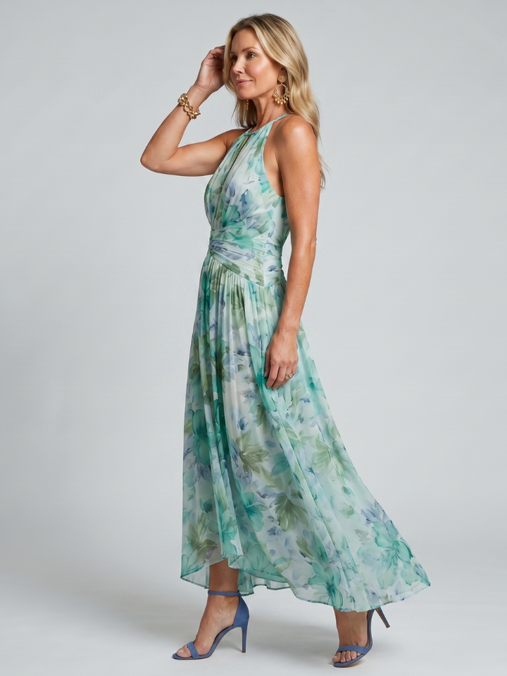 Portia | Vestido Midi de Flores Suaves con Escote Halter Plisado