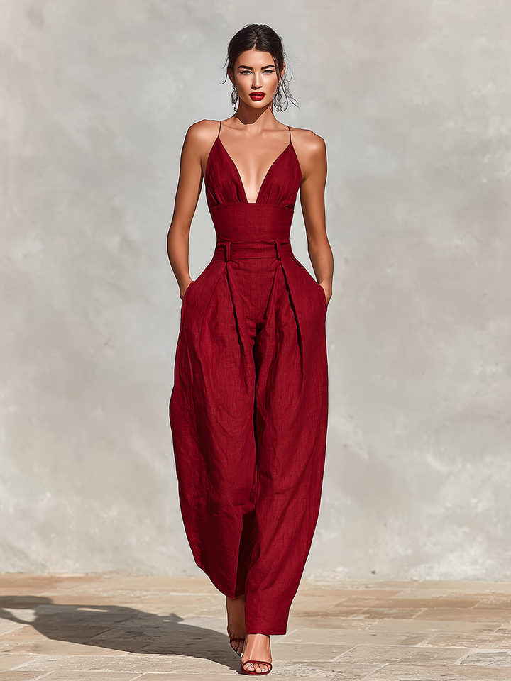 Mono de Lino Rojo para Mujeres con Tirantes Espagueti y Pantalón Plisado de Cintura Alta, Estilo Elegante y Romántico Atemporal MDZ1915C8I