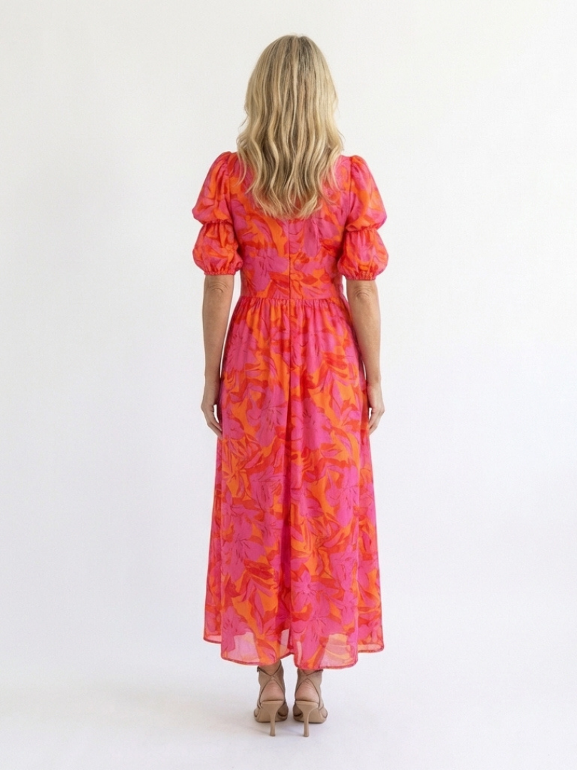 Saule | Robe midi à décolleté en V fleuri avec manches bouffantes