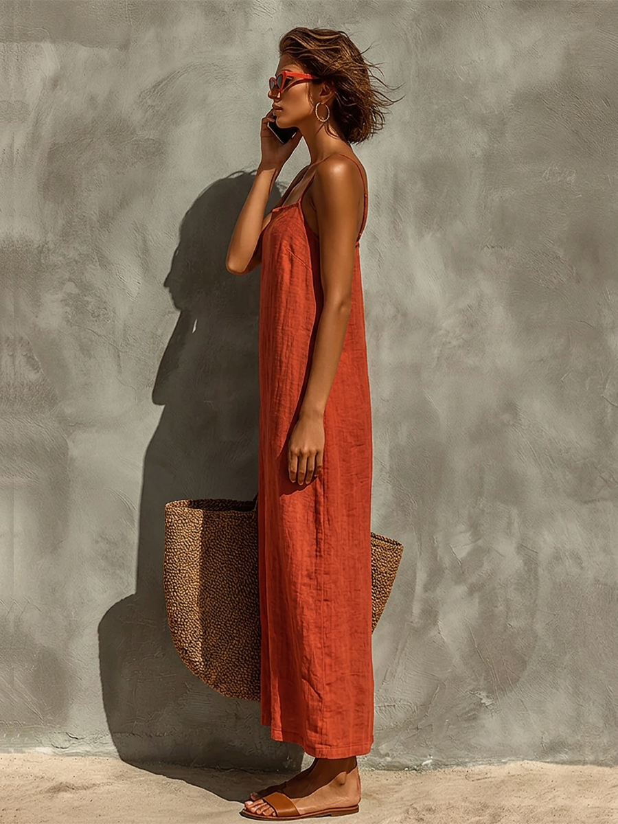 Robe Roja de Algodón para Mujeres con Tirantes Espagueti y Escote Cuadrado, Vestido de Estilo Boho-Resort Atemporal MDZ0924C3I