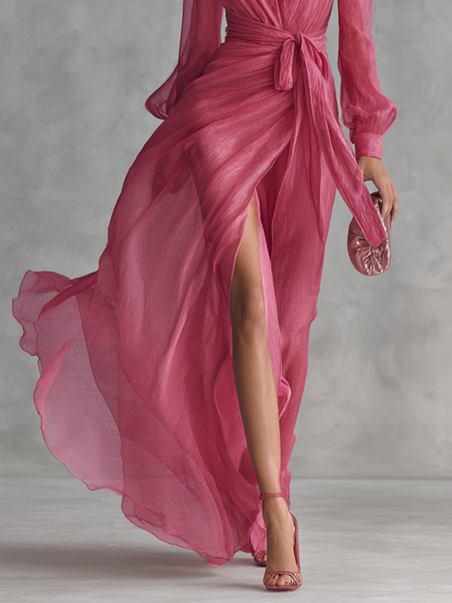 Ropa Larga Elegante de Chiffón Rosa con Perlas para Mujeres, Escote en V, Cintura Ceñida MDZ1925A7BA