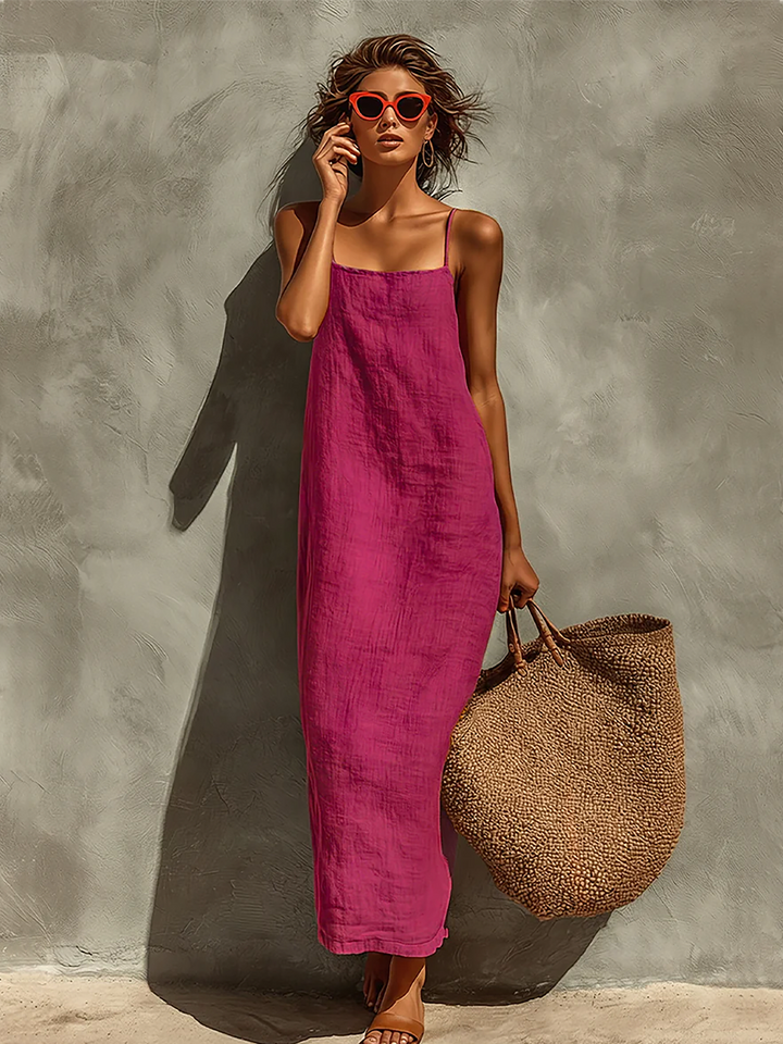 Robe Roja de Algodón para Mujeres con Tirantes Espagueti y Escote Cuadrado, Vestido de Estilo Boho-Resort Atemporal MDZ0924C3I