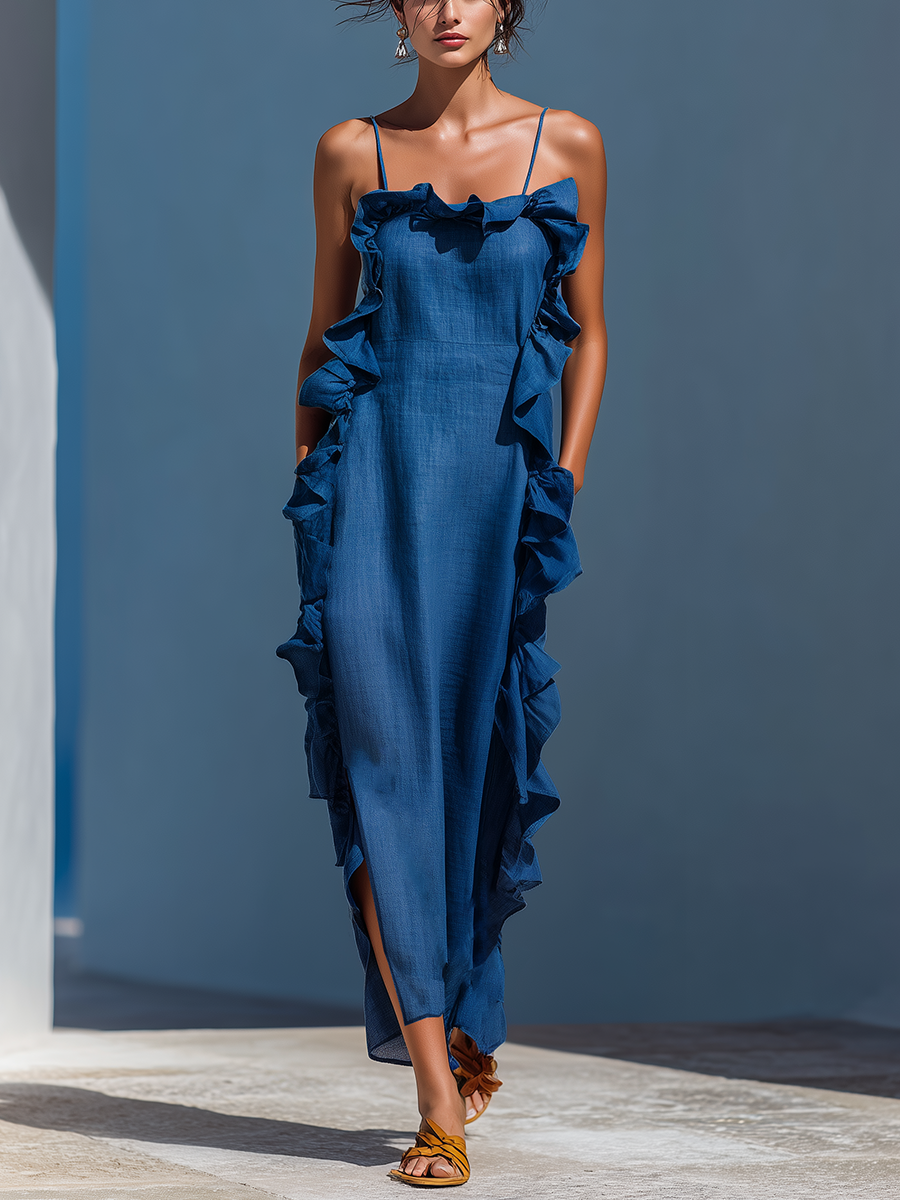 Ropa Maxi de Tirantes Espagueti en Mezcla de Lino Azul con Volantes para Mujeres MDZ2407D1T