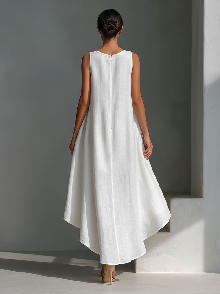 Ropa Midi Sin Mangas de Lino Blanco para Mujeres con Cuello Redondo y Dobladillo Asimétrico MDZ0987B9T