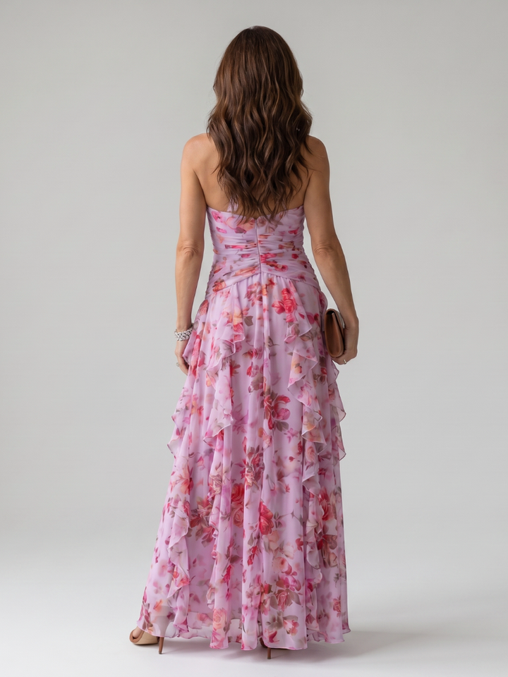 Nori | Vestido Maxi con Escote Halter y Corsé Fruncido Floral