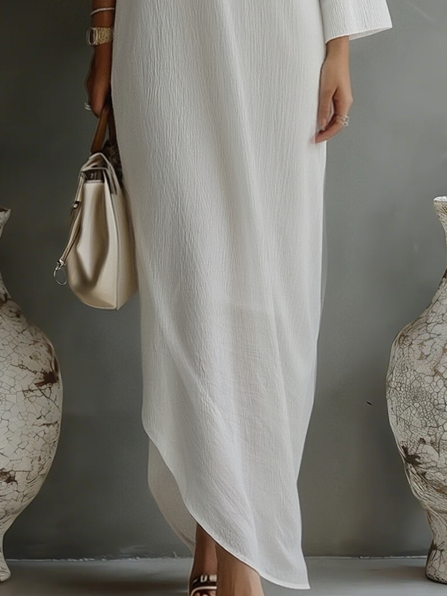 Ropa Elegante Fluida con Hombro Descubierto en Mezcla de Algodón-Lino Marfil Blanco MDA3032K4T