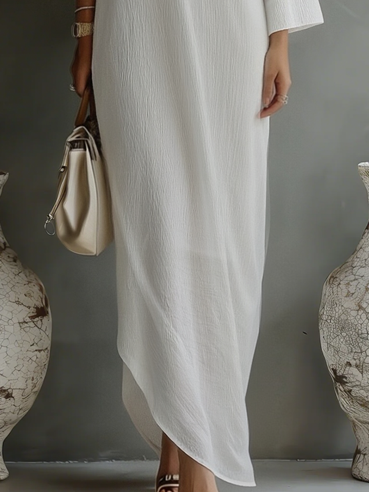 Ropa Elegante Fluida con Hombro Descubierto en Mezcla de Algodón-Lino Marfil Blanco MDA3032K4T