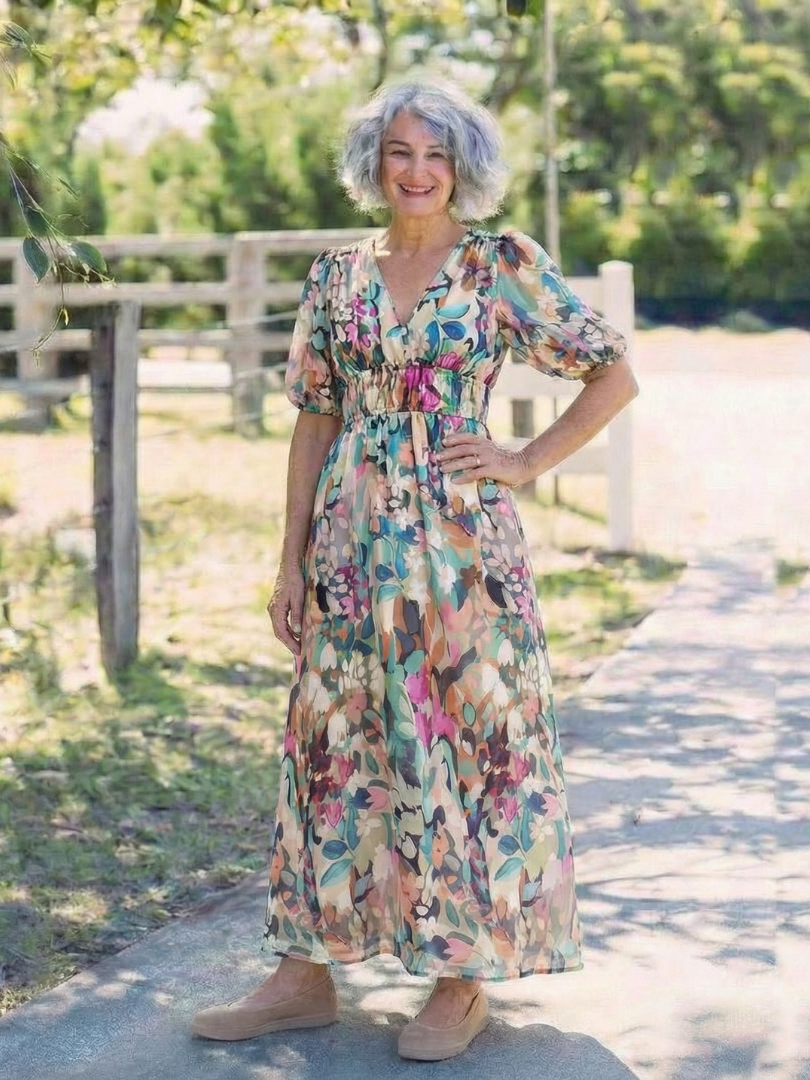 Eulalie | Vestido midi con escote en V y mangas cortas fruncidas en la cintura
