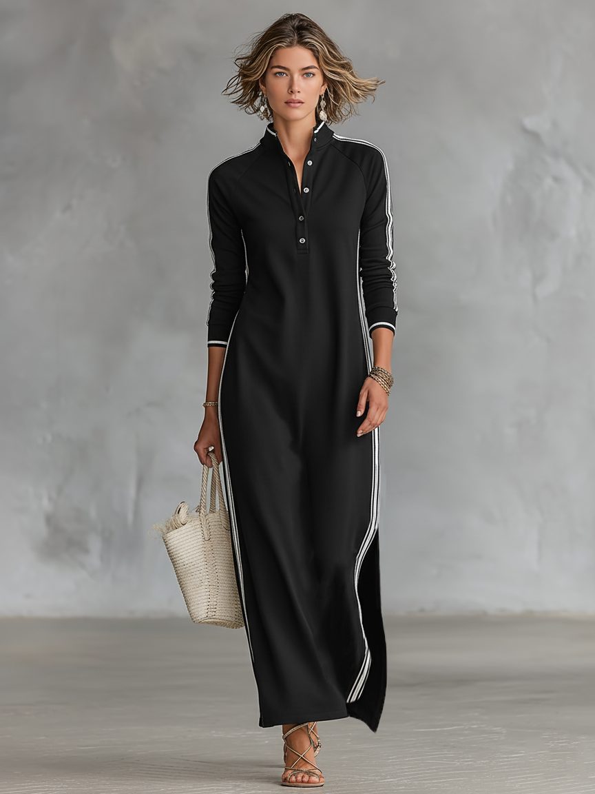 Vestido Maxi Sudadera Minimalista para Mujeres con Bordes Blancos y Botones MDA0958L0Y