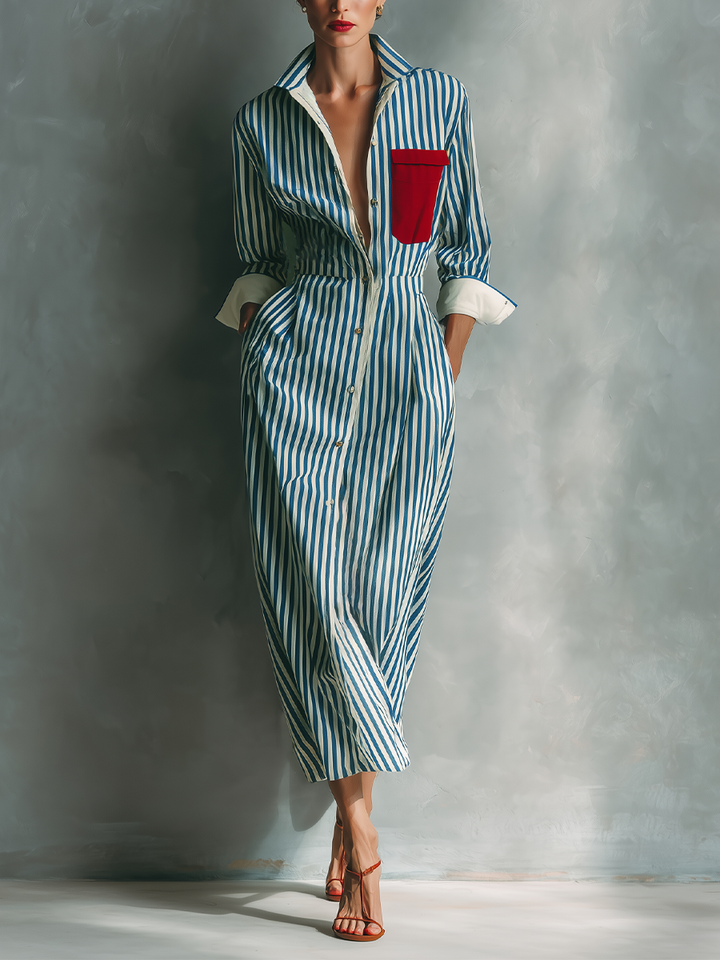 Vestido Camisero Rayado En Mezcla De Algodón Azul Y Blanco Para Mujeres Con Bolsillo Rojo MDZ1286C2T
