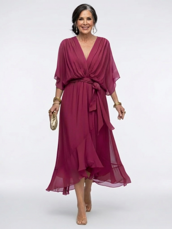 Elysia | Vestido midi drapeado con escote en V y cinturón en la cintura