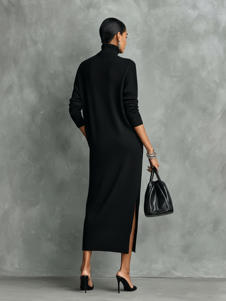 Ropa Midi Amplia de Tejido Negro Elegante para Mujeres con Cuello y Mangas Largas Sin Bolsillos MDA1974L7AN