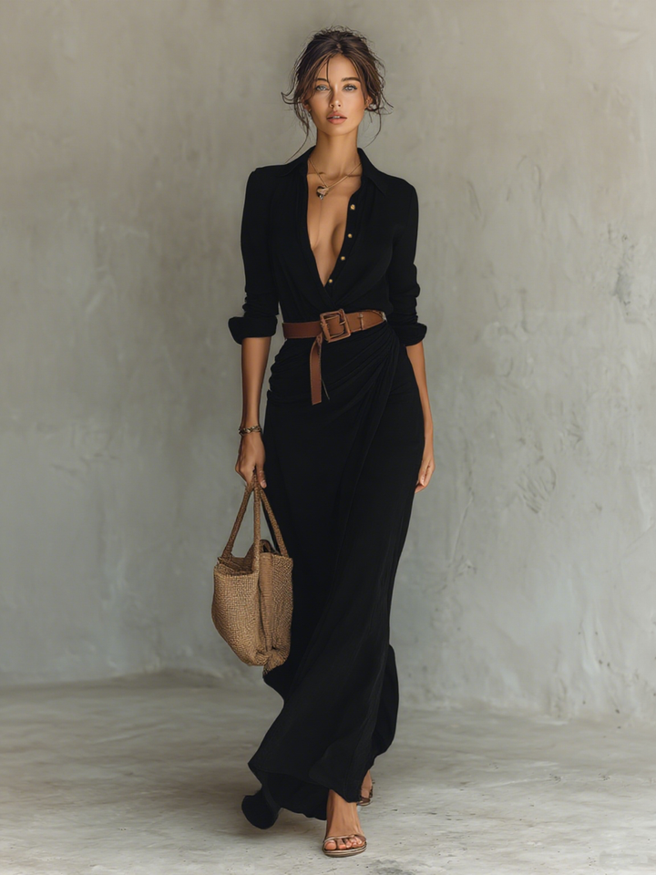 Vestido maxi con cuello de solapa y mangas largas